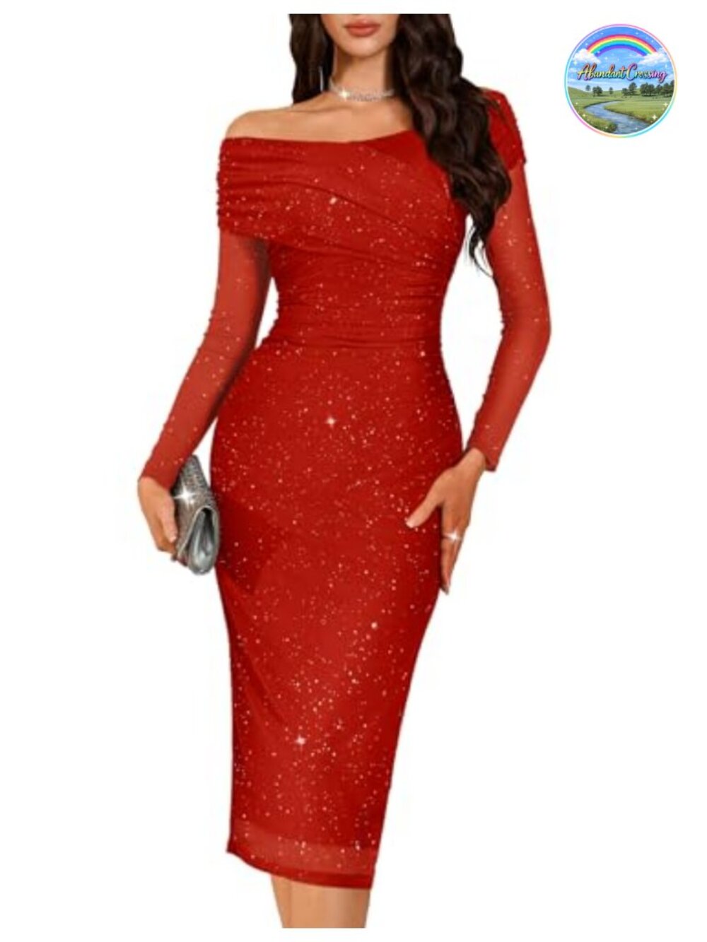 Off Shoulder Sequin Long Sleeve Bodycon Formal Wedding Guest Midi Dress